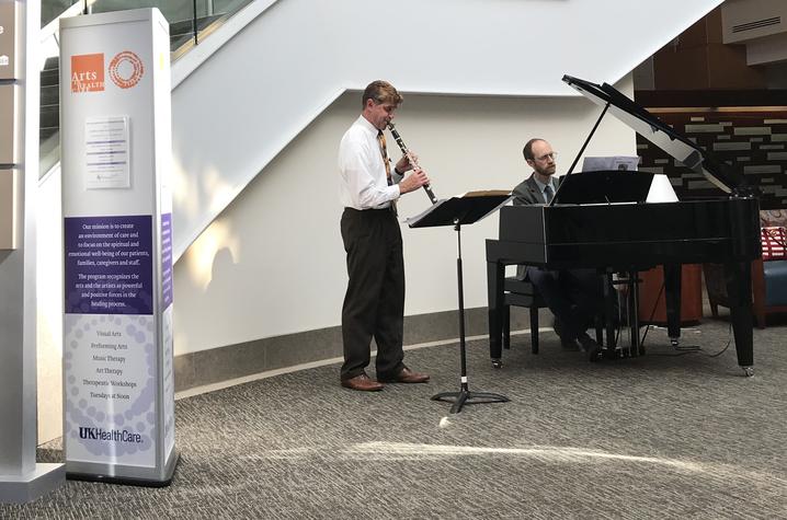 Scott Wright, professor of clarinet, and Jacob Coleman, assistant professor of piano and collaborative piano, performed in the Pavilion A atrium last fall