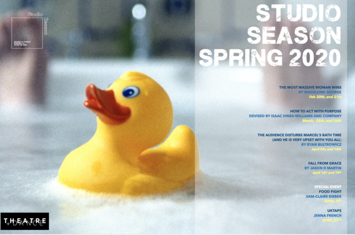 photo of the 2020 Spring Studio Season poster with rubber ducky and feet in bathtub