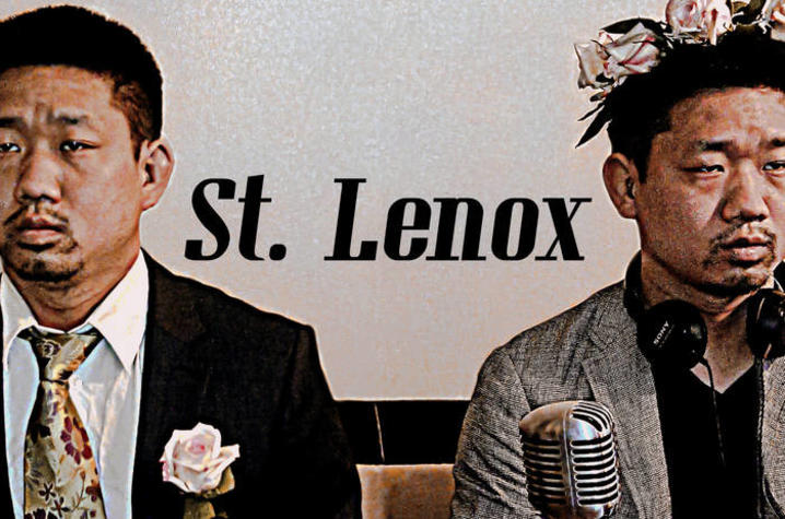 photo of St. Lenox dressed in suit with flower in lapel and again in more casual attire with mike in hand and wreath of flowers on head
