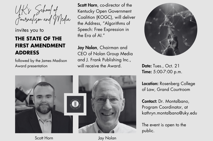 2025 flyer for the First Amendment Address and James Madison Award presentation