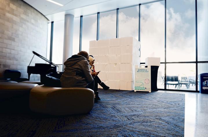 Made from Styrofoam coolers used by UK HeathCare, the “wave” was displayed at the Gatton Student Center last week. Photo by Niamh Denny.