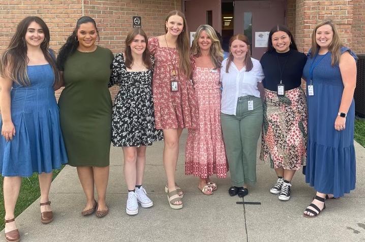 Left to right: Summer student teachers Caroline Murphy, Kyndal Bard, Haley Patterson, Emma Roberts, Joni Meade (elementary education clinical instructor), Mary Thom Adams, Chelsea Mason and Madison McDonald. 