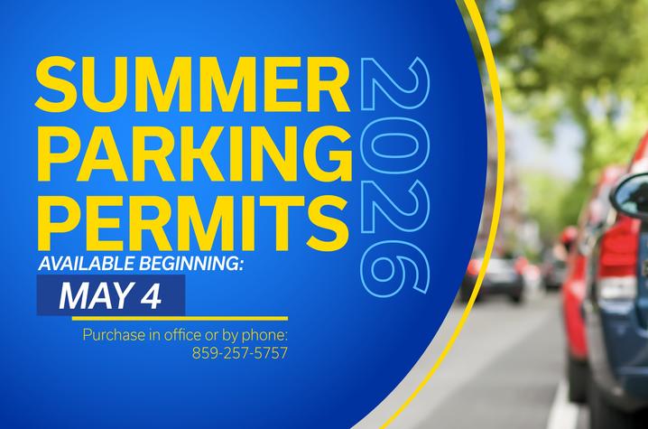 Graphic announcing “Summer Parking Permits 2026,” with bold yellow text on a blue background stating “Available beginning May 4.” A row of parked cars lines a tree‑shaded street on the right side. Additional text reads: “Purchase in office or by phone"