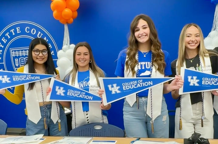  Incoming University of Kentucky education majors Leoaxy Valerio Garcia, Madelyn Justice, Addison Magsig and Elliott Nash were among the aspiring educators saluted by Fayette County Public Schools on Teacher Signing Day. 