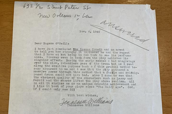 photo of letter from Tennessee Williams to Eugene O'Neill