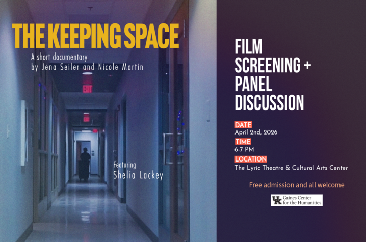Promotional graphic showing an empty hallway and text advertising The Keeping Space film screening and panel discussion.