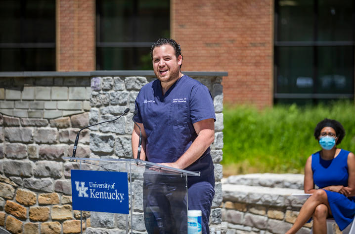 Dr. Rodolfo Lewy speaking at Time for Justice event in the courtyard of Jacobs Science Building. Photo by Pete Comparoni | UKphoto