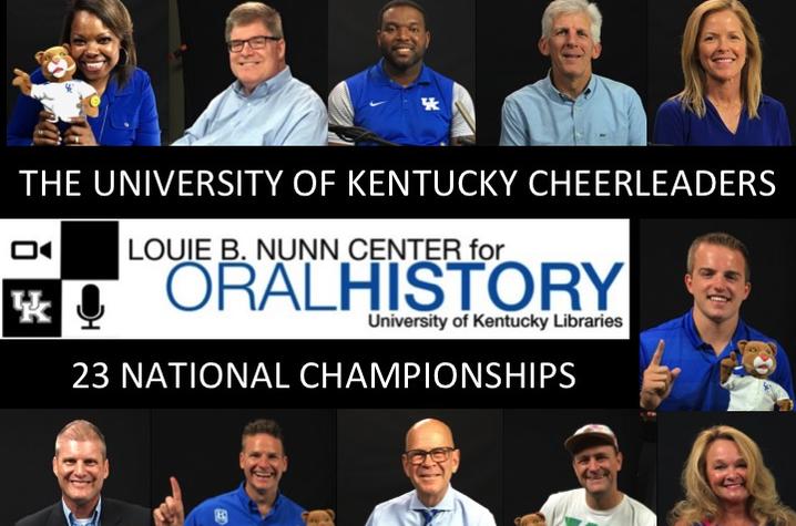 photo of web banner for UK Cheerleading Oral History Collection featuring 11 cheerleaders, coaches and mascots