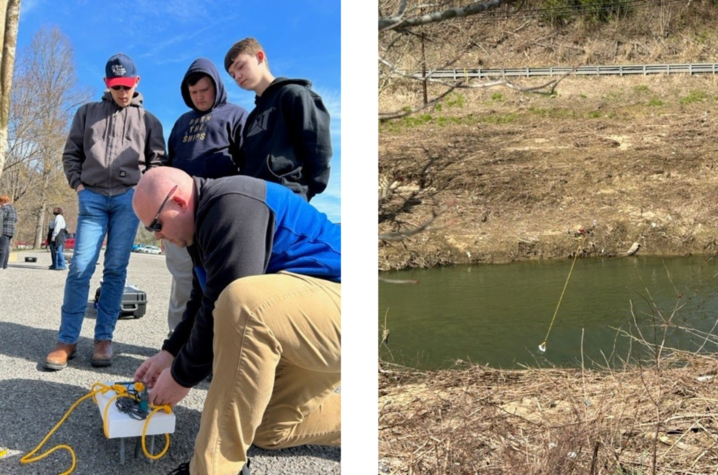 Left: Craig Wilmhoff and students preparing their drone for the citizen science project in Perry County. Right: Drone in motion to collect water sample. Photos provided by UK-CARES.