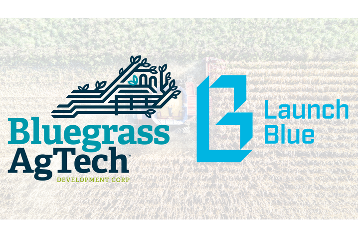 Graphic showing the Bluegrass AgTech Development Corp logo and the Launch Blue logo side by side over a faded aerial image of farmland with crop rows.