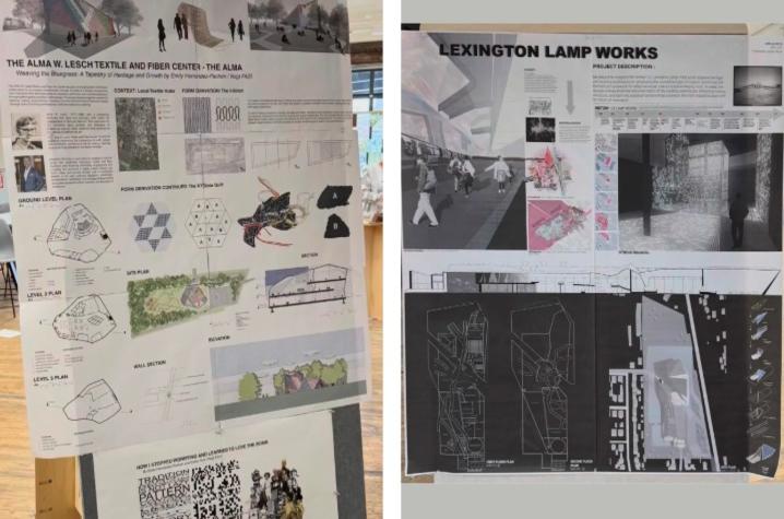 Two large architectural design boards displayed side by side on easels, featuring renderings, diagrams, floor plans and text.