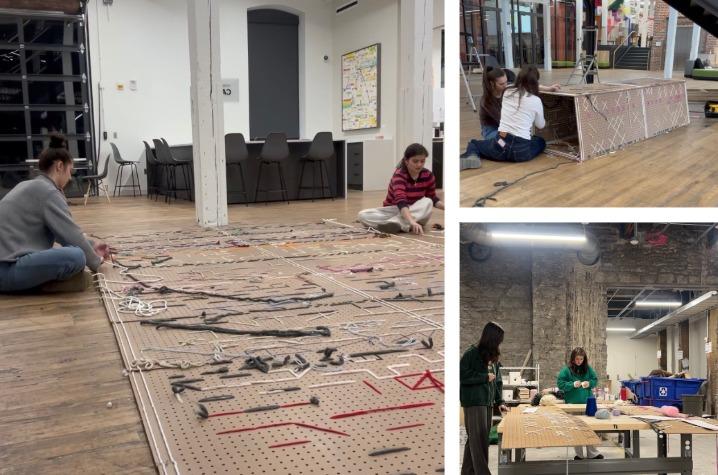A collage of photos shows students working collaboratively on a large textile installation in a studio space. They sit on wooden floors weaving and arranging yarn and fabric panels.