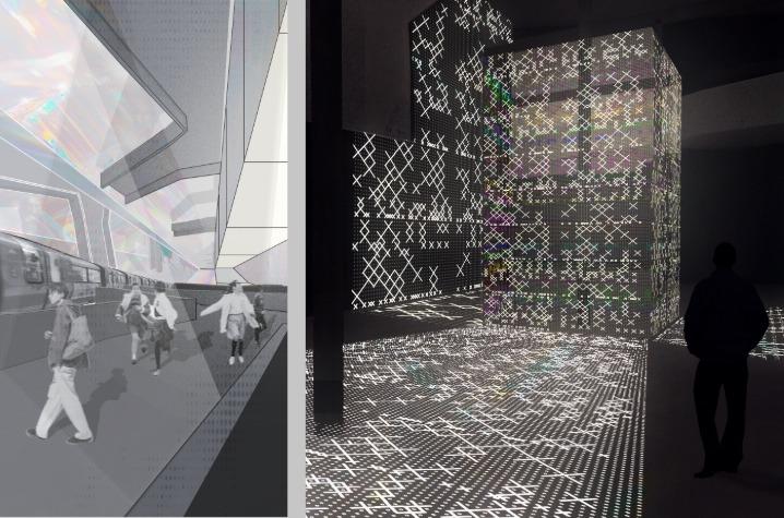 Rice created renderings of how she had reimagined the warehouse: one of her purposed refraction train station (left) and another of the interior space (right).