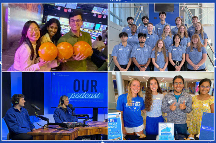A four‑panel collage showing students bowling, a group posed on a staircase in matching shirts, two people recording a podcast in a studio and a group standing behind a University of Kentucky information table.