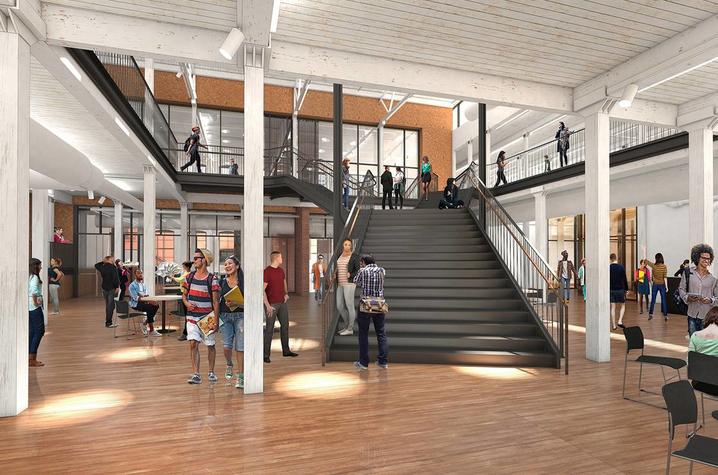 rendering of College of Design space after major renovation of the Reynolds Building -- showing staircase and tall ceilings.