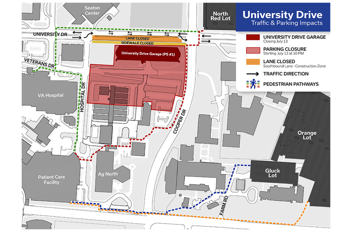 Map of University Drive Garage closure, traffic detours and pedestrian routes near UK HealthCare.