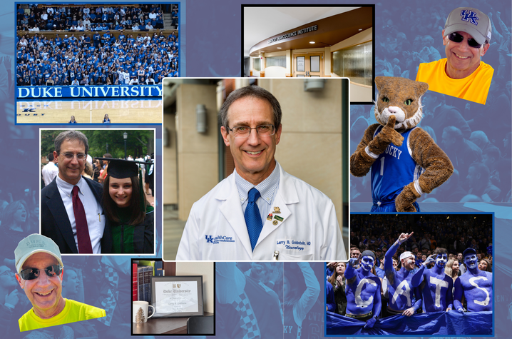 Photos of Larry Goldstein, M.D., chair of neurology at the University of Kentucky. A collage featuring Dr. Larry Goldstein, chair of neurology at the University of Kentucky, centered in a white coat, surrounded by images representing his ties to both Duke University and UK.