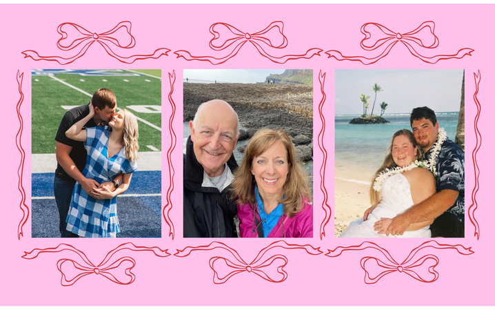 Three photo pink collage showing a couple on a football field, two people at a rocky coastal site and a couple on a tropical beach.