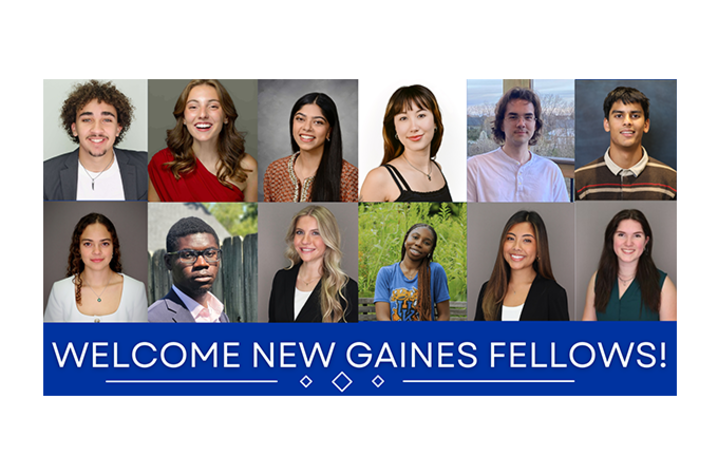 Group portrait collage of new Gaines Fellows above a blue welcome banner.