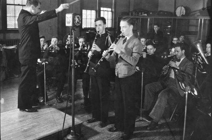photo of Elmer Sulzer conducting a radio studio band