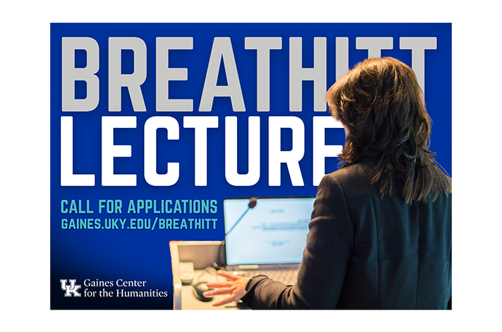 Promotional graphic for the Breathitt Lecture series showing a speaker at a podium in front of a blue background with event text.