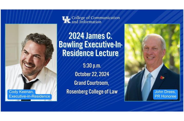 The 2024 James C. Bowling Executive-in-Residence Lecture will take place at 5:30 p.m. on Tuesday, Oct. 22 in the Grand Courtroom of the Rosenberg College of Law. 