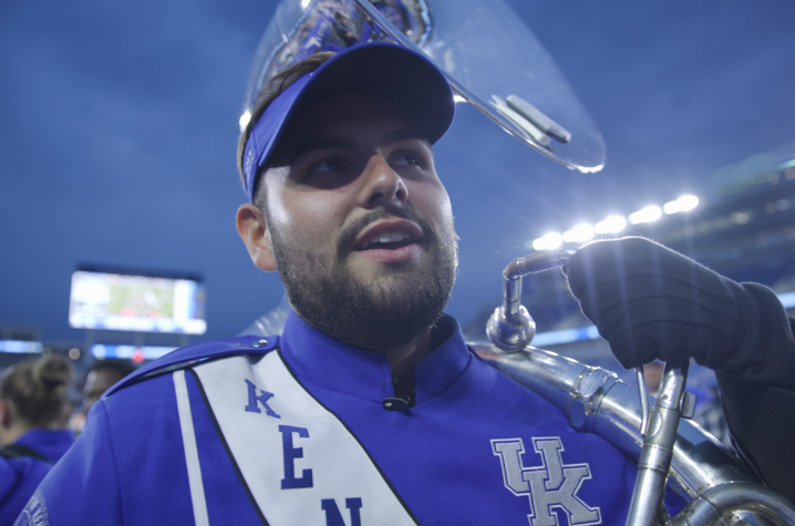 Carson Kitts, with his sousaphone, takes to the field before a recent University of Kentucky Football game. | Benjamine Branscum, UK Video 