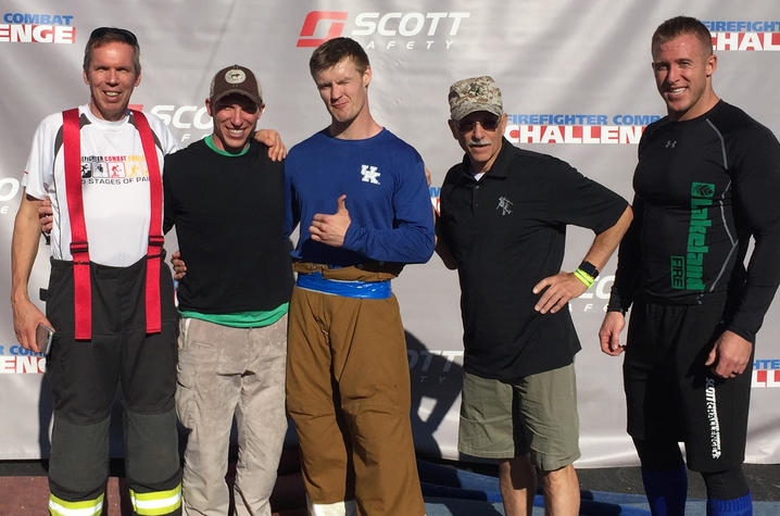 Photo of Competitor Dirk Fuhrman, Mark Abel, Anssi Saari, Scott Firefighter Combat Challenge President Paul Davis and competitor Ryan Fitzgerald 