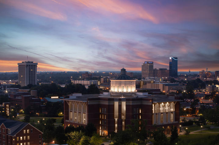 aerial photo of UK's campus at dusk with W.T. Young Library in center