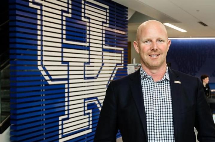 Detail of Brad Boswell against UK logo