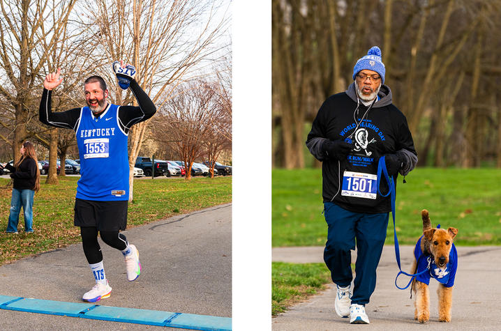 Image of Dr. Bush and Dr. Conwell at the World Hearing Day 5K two images of men running a 5K race. The man on the left is running with his dog