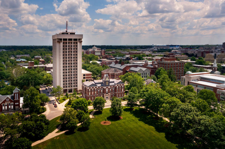 aerial photo of campus with the Main Building and Patterson Office Tower in center