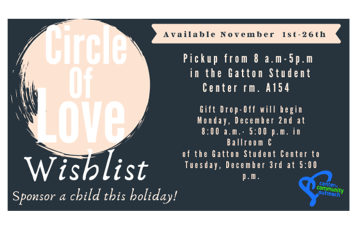Circle of Love flyer with details in light pink font over black backrground