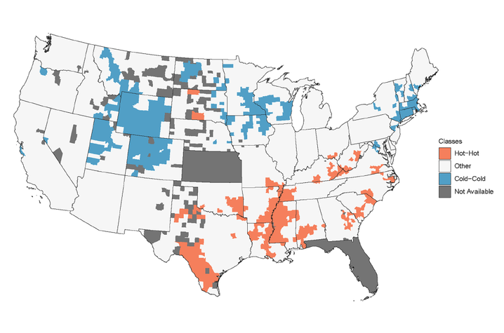 Map of U.S. with blue and orange clusters showing counties with high and low prevalence of diabetes/cancer.