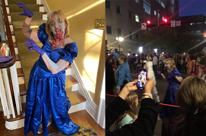 composite of two photos showing Sarah in zombie costume
