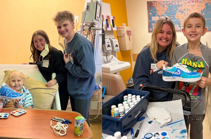 Two photos of children in a hospital setting showing off brightly colored custom sneakers with visitors beside them.