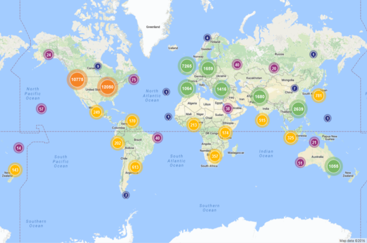 map of geographical distributions of disClosure downloads from UKnowledge