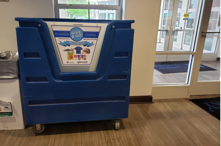 UK Recycling places Give and Go Donation Stations in the lobby of every residence hall on campus during the last two weeks of the semester.