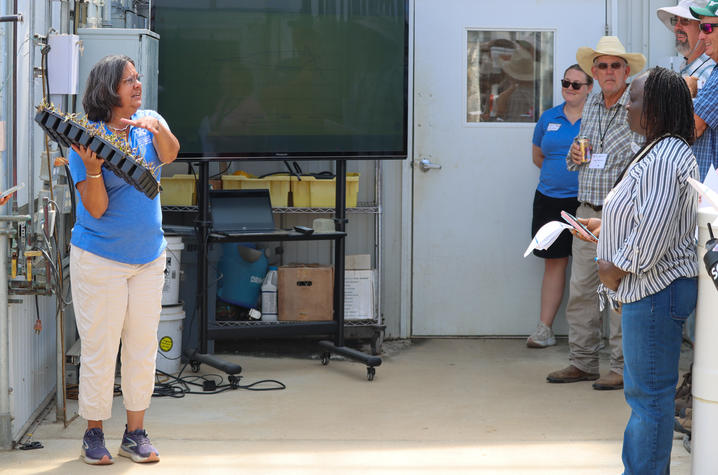 Extension Associate Shari Dutton A person stands beside a large monitor and presents a tray of young plant seedlings to a group gathered outside a research or agricultural facility. Several attendees listen while holding printed materials, and one participant stands near the doorway hold