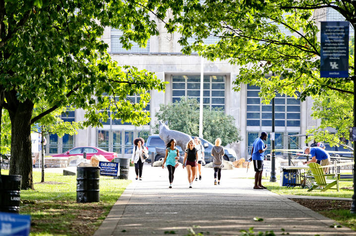 students walking on campus during first day of class