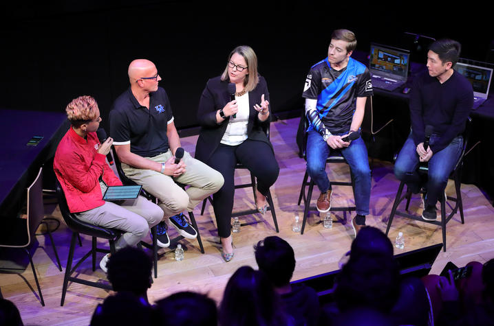 photo of gaming discussion panel left to right: Erin Ashley Simon, Rex Chapman, Christine Harper, Wally Johnson, and Chris Park