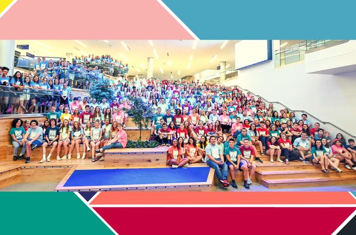 photo of 2019 GSA participants in Student Center on social staircase