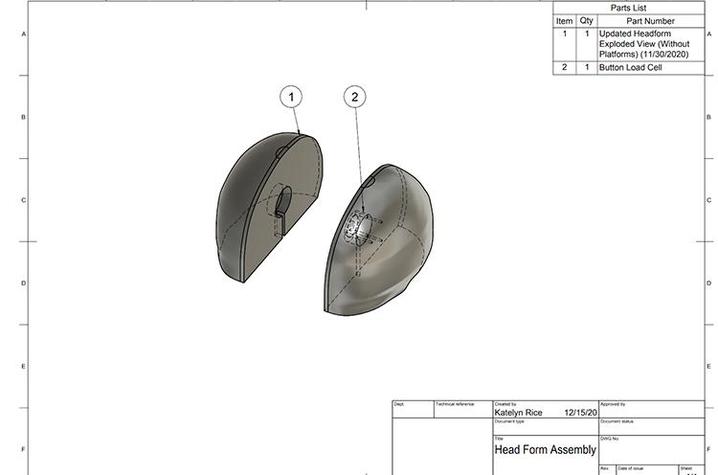 The students' headform design as of Dec. 1. The headform will fit into a helmet to test the helmet's crush resistance.