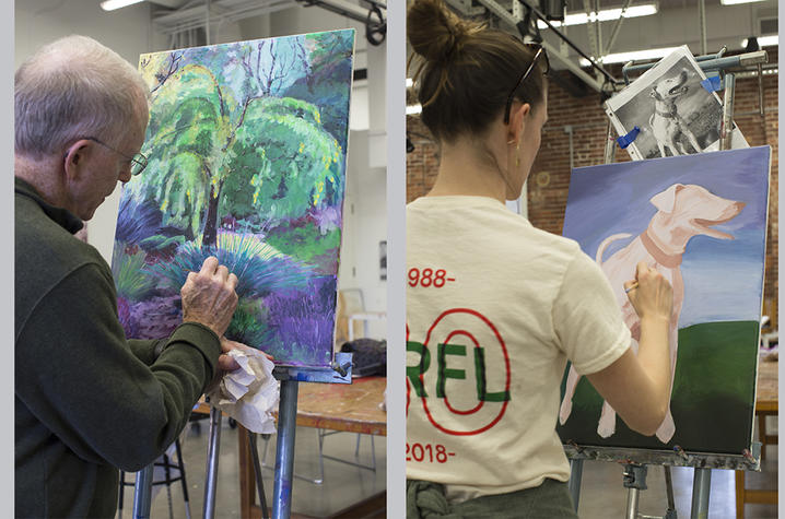 2 photos of students painting in Fine Arts Institute class