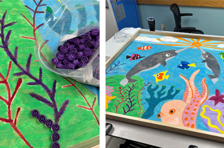 Image of the colorful underpainting featuring sea creatures