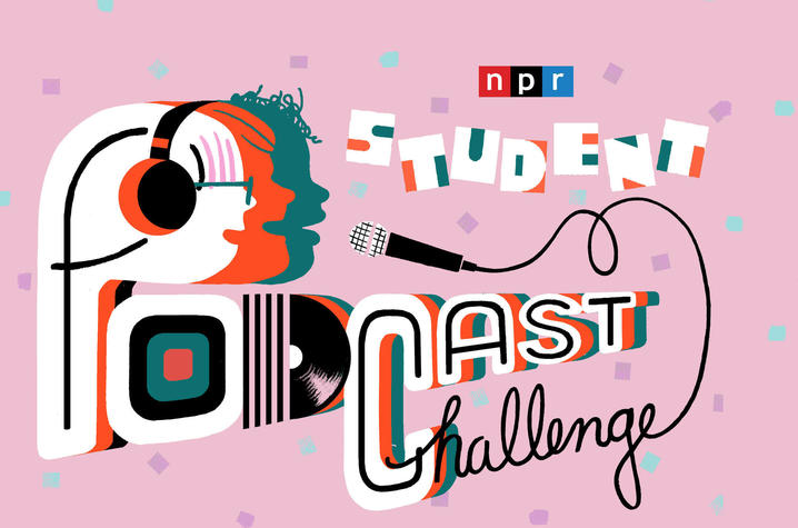 NPR "Student Podcast Challenge" digital flyer on pink background