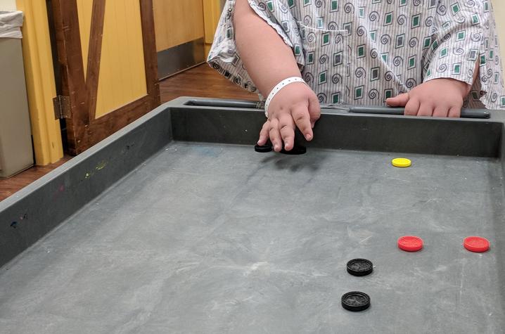 In celebration of the 2018 Winter Olympics, Child Life staff organized sporting events including "cart curling"