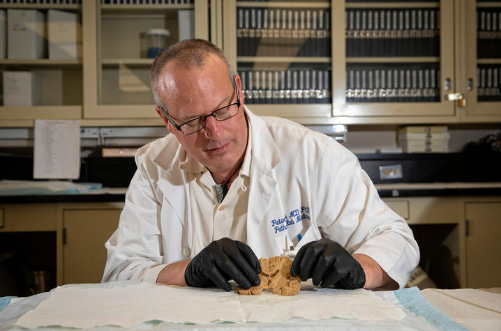 peter nelson in the lab holding a brain sample