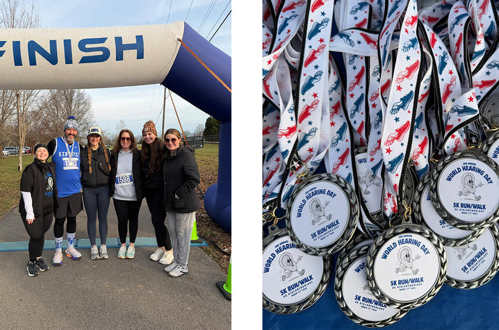Images of OTO staff and 5K race medals two images, one showing a group of people standing at a race finish line, the other is a pile of race medals that say "World Hearing Day 5K"