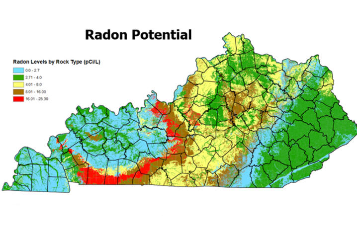 map of radon potential in Kentucky counties
